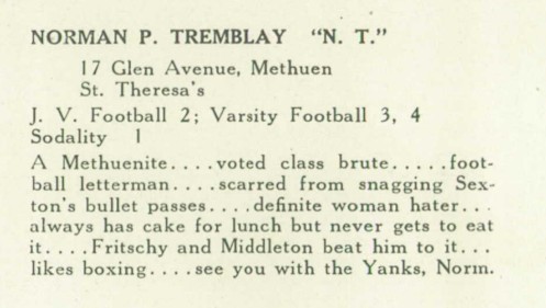 A typewritten yearbook entry showing Tremblay’s address, sports involvement, and inside jokes with classmates. 