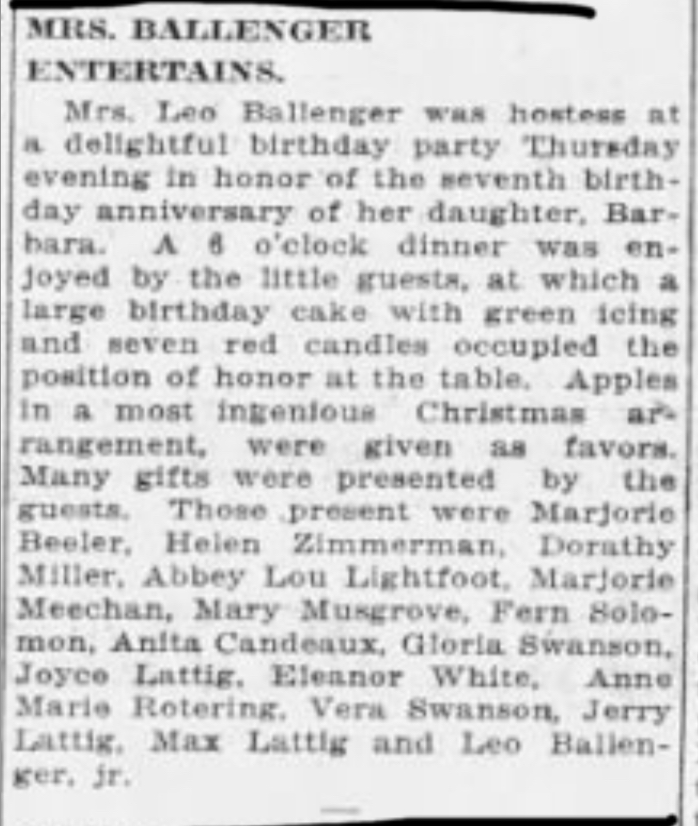 A newspaper article titled "Mrs. Ballenger Entertains."