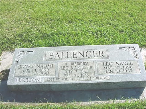 A color photo of a rectangular, flat headstone. The name 'Ballenger' is at the top. Janet Naomi, and Leo Karll Jr. and Sr. are listed.