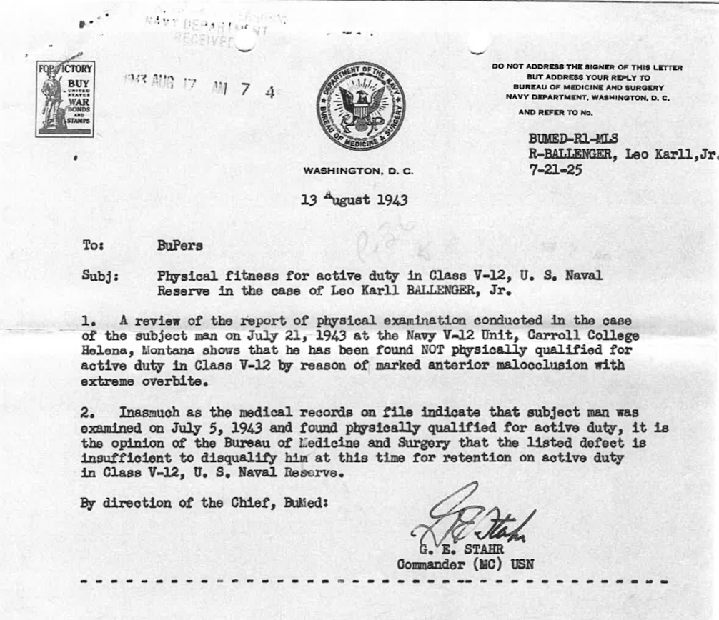 A letter from Commander Stahr regarding his decision to not disqualify Ballenger from active duty.