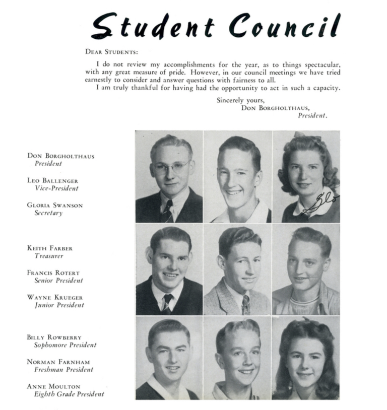 A page of a yearbook showing the nine members of the student council. Their names are in a column on the left and the photos are in a 3x3 grid.