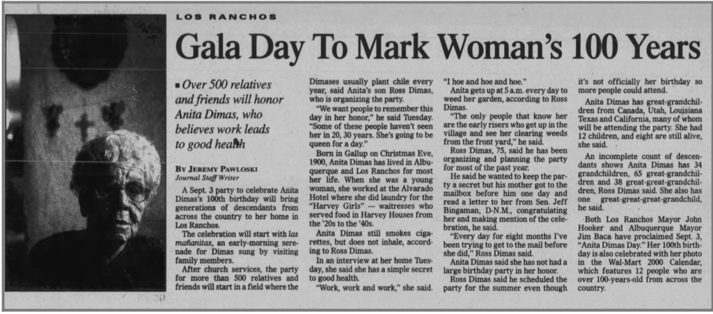 A newspaper article titled, “Gala Day to Mark Woman’s 100 Years.”