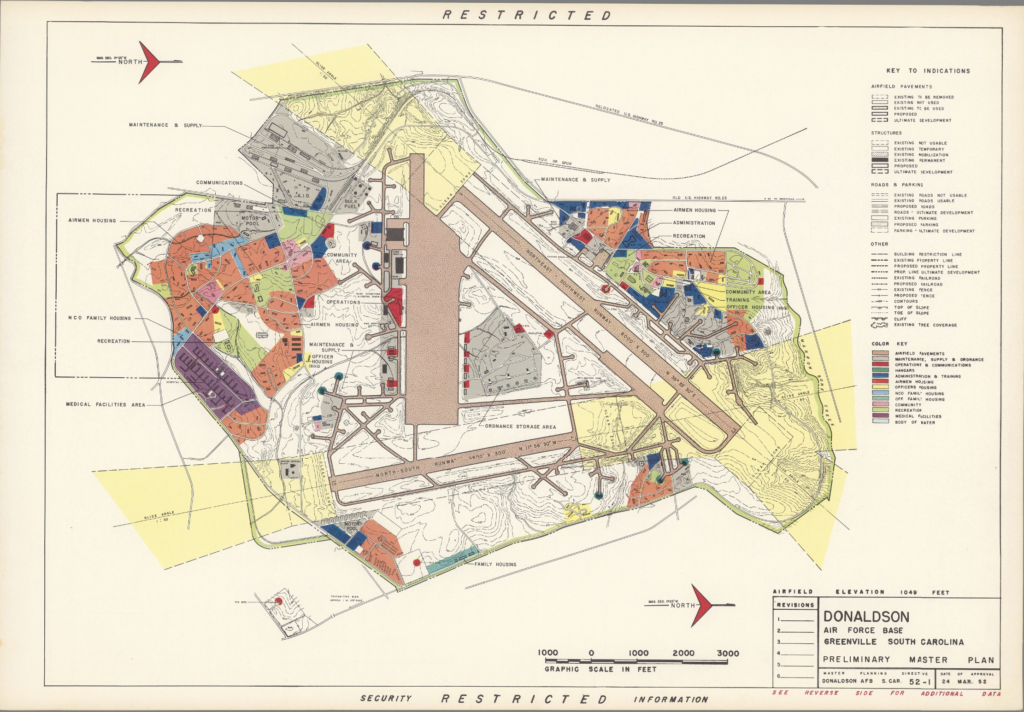 A color map showing locations of runways, hangars, housing, etc.