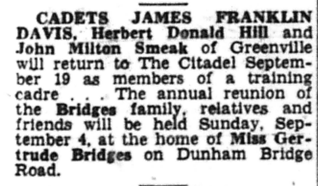 A newspaper article detailing Davis and classmates returning to The Citadel on September 19, 1949. 