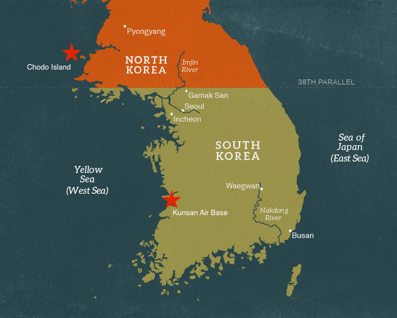 A map showing part of North Korea and all of South Korea. Two places are marked with red stars. 