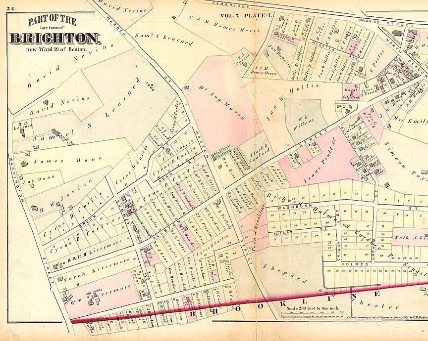 A Color drawn map showing the roads and neighborhoods of Brighton, MA.