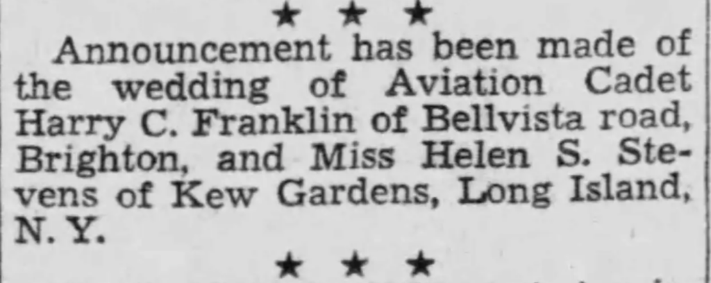A snippet of a newspaper, announcing the wedding of Franklin and Stevens in Long Island, NY. 