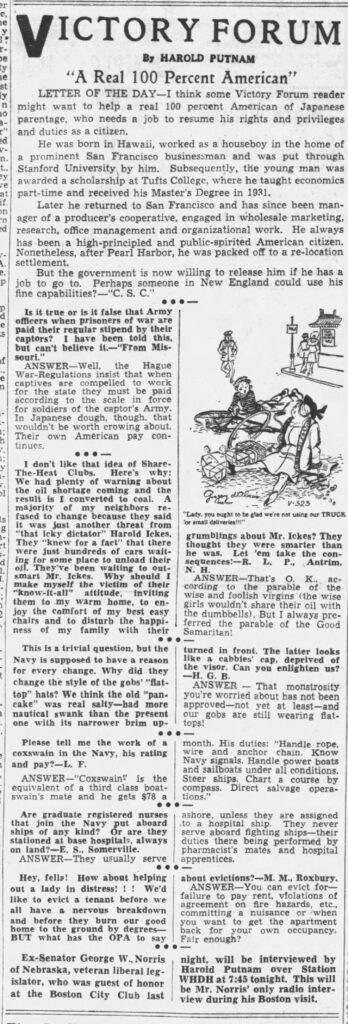 A newspaper article by Harold Putnam titled ‘Victory Form: A Real 100 Percent American’