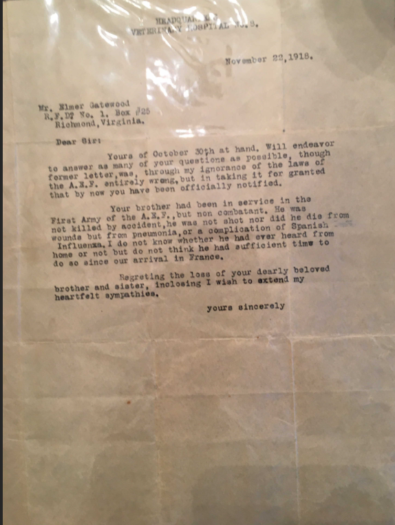 A type written letter explaining Gatewood’s death. 