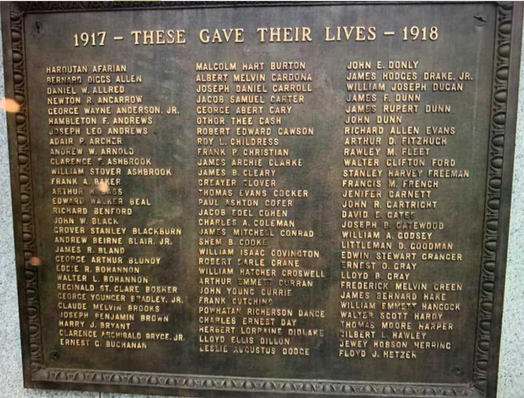 A bronze plaque titled “1917 - These Gave their Lives - 1918” - it includes three columns of names in alphabetical order. 