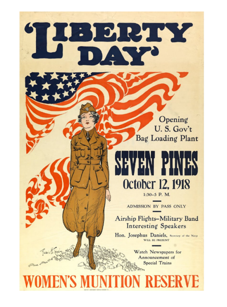 A color advertisement with an American flag border. A drawn image of a woman in uniform. The title says ‘Liberty Day’ 