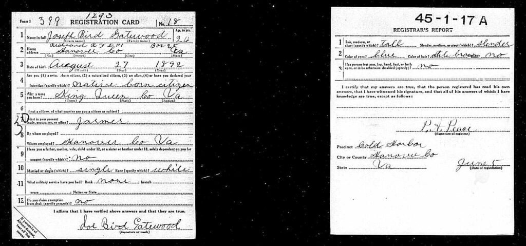 Back and front of a card filled out by hand with details of Gatewood’s life. 