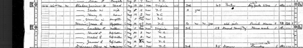 A snippet of the 1950 Census showing all 10 members of the Blakes and Harris families. 