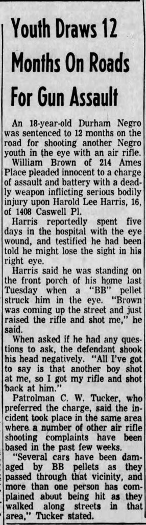 A newspaper headline titled “Youth Draws 12 Months on Roads for Gun Assault.”