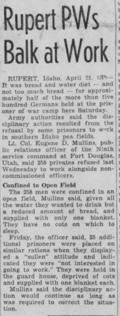 Newspaper article titled "Rupert PWs Balk at Work."