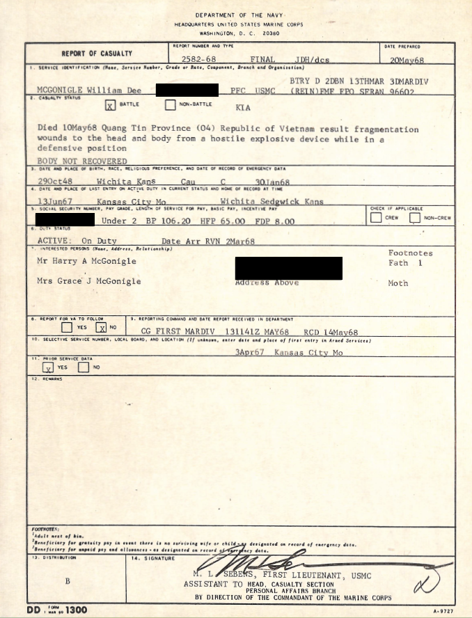 A type-written report about McGoningle's incident.