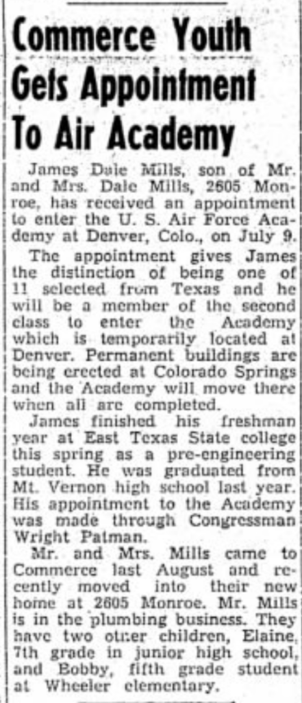A type-written newspaper article titled "Commerce Youth Gets Appointment to Air Academy."