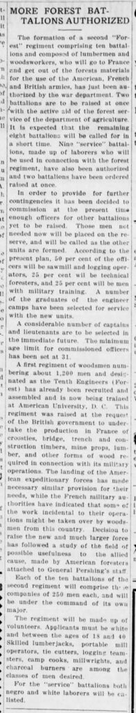 Newspaper article titled, "More Forest Battalions Authorized."