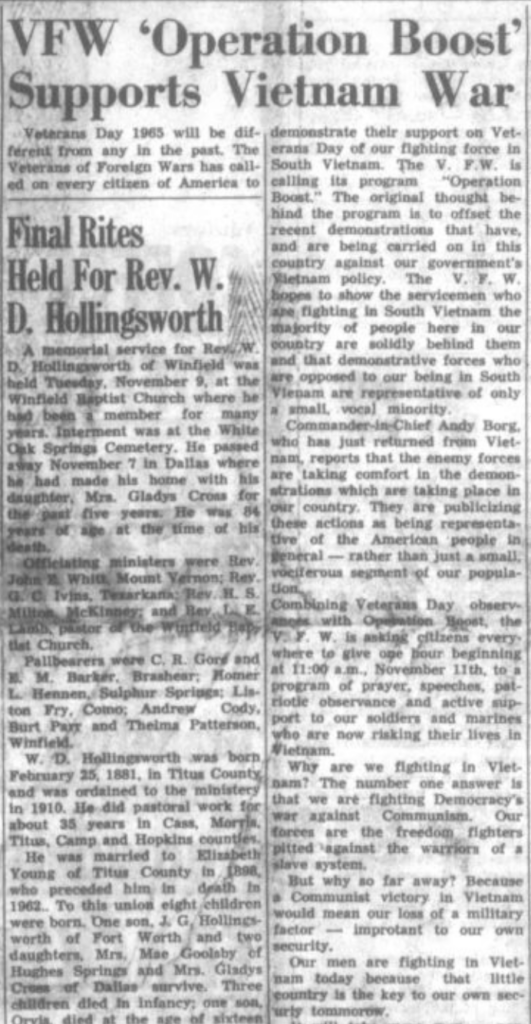 A typewritten news article titled "VFW 'Operation Boost' Supports Vietnam War.