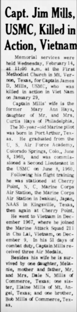 Newspaper article titled 'Capt. Jim Mills, USMC, Killed in Action, Vietnam.'