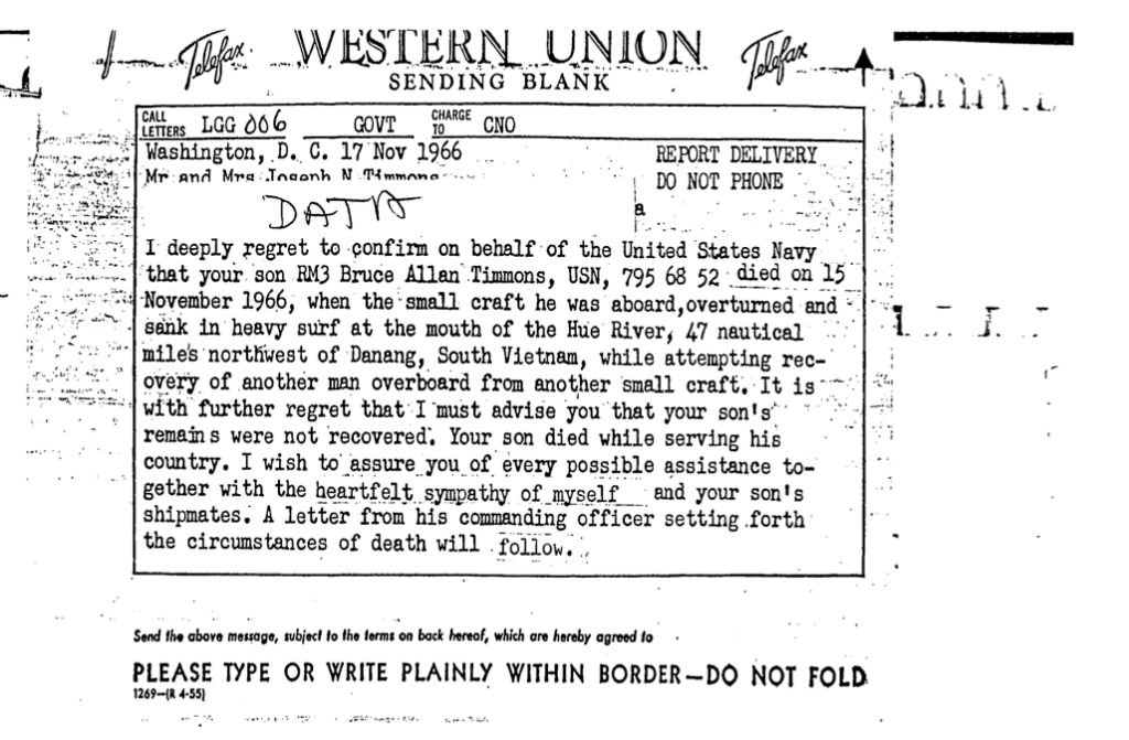 A typewritten Western Union telegraph from the government to Timmons's parents. 