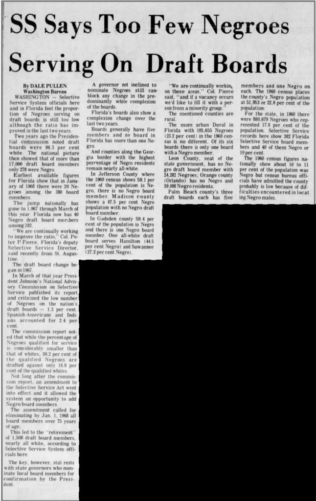 A newspaper article with the title “SS Says Too Few Negroes Serving On Draft Boards.”