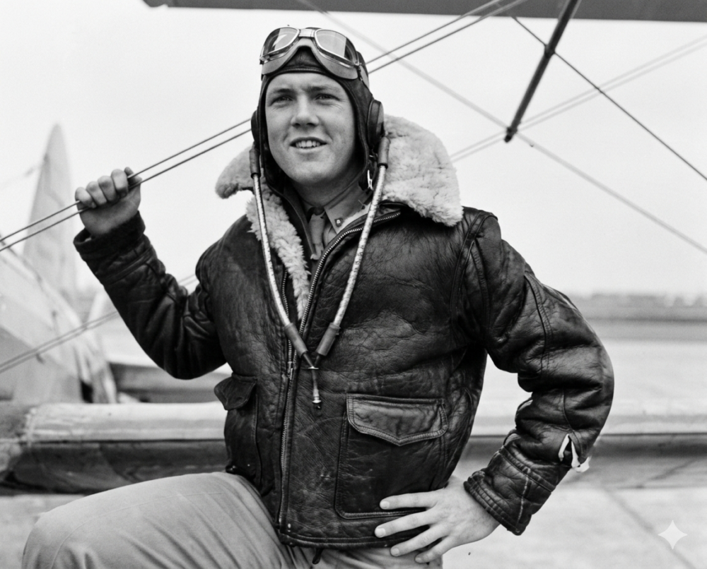 A Marine aviator wearing his bomber jacket and goggles.