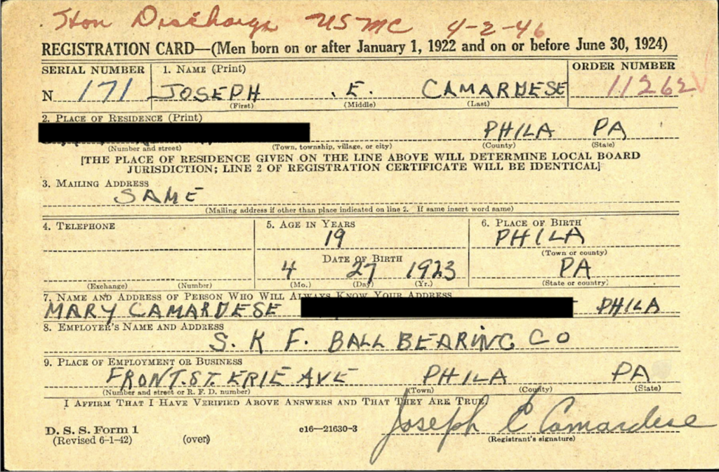 A handwritten card with information about Camardese.