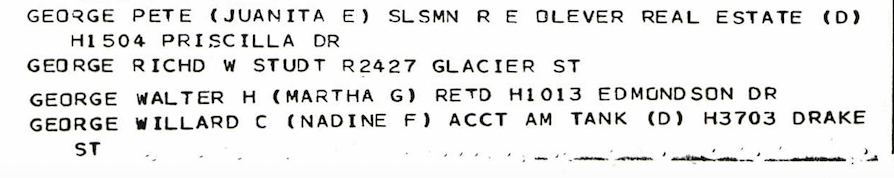 A city directory entry reads. "George Pete (Juanita E) SLSMN R E OLEVER REAL ESTATE (D) H1504 PRISCILLA DR"