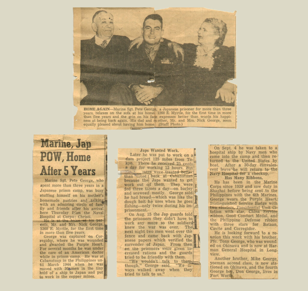 A newspaper article titled “Marine, Jap POW, Home after 5 Years.” Also featured is an image of a young White man in uniform sitting in between his older parents on a coach. Both parents are dressed up. 