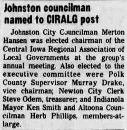 A newspaper article titled, “Johnston Councilman Named to CIRALG Post.”