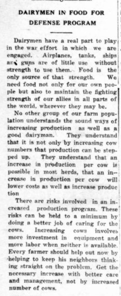 A newspaper article titled, “Dairymen in Food for Defense Program.”