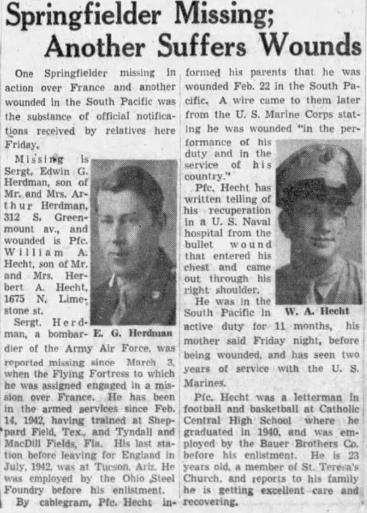 A newspaper titled, “Springfielder Missing; Another Suffers Wounds.”