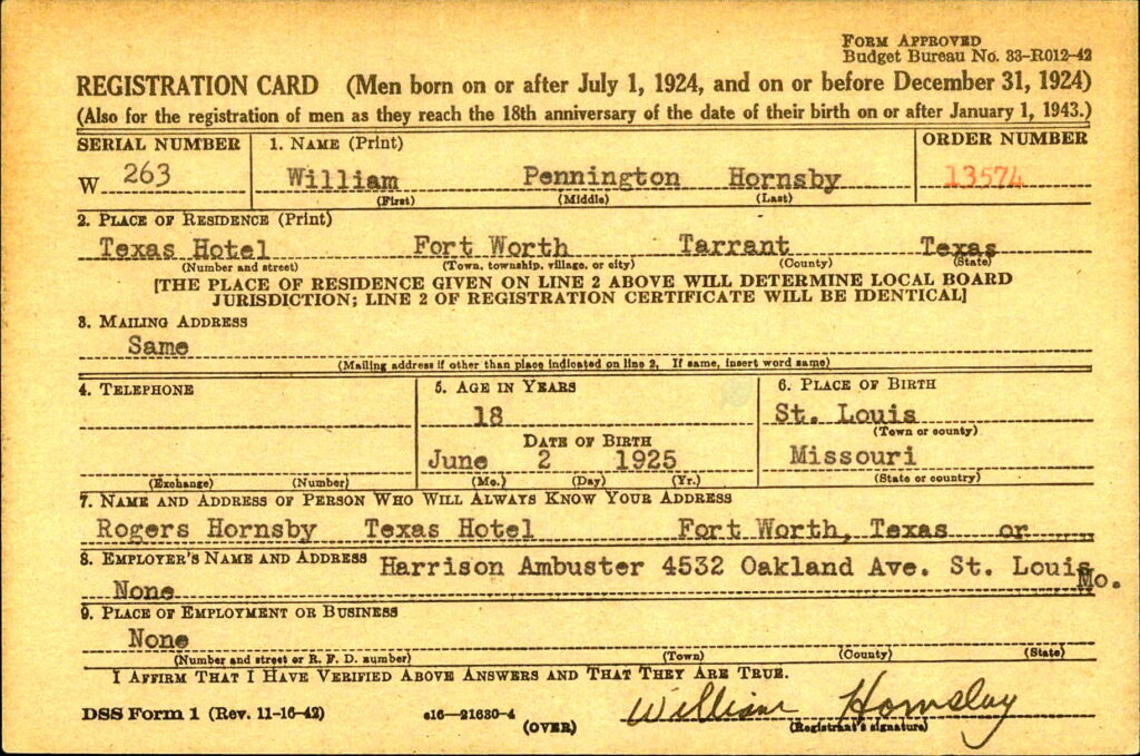A scanned index card showing information about Hornsby.