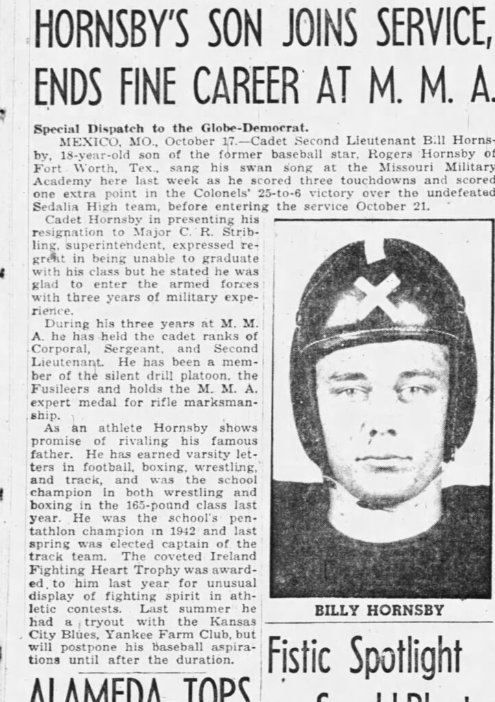 A newspaper article titled “Hornsby’s Son Joins Service, Ends Find Career at M.M.A.”