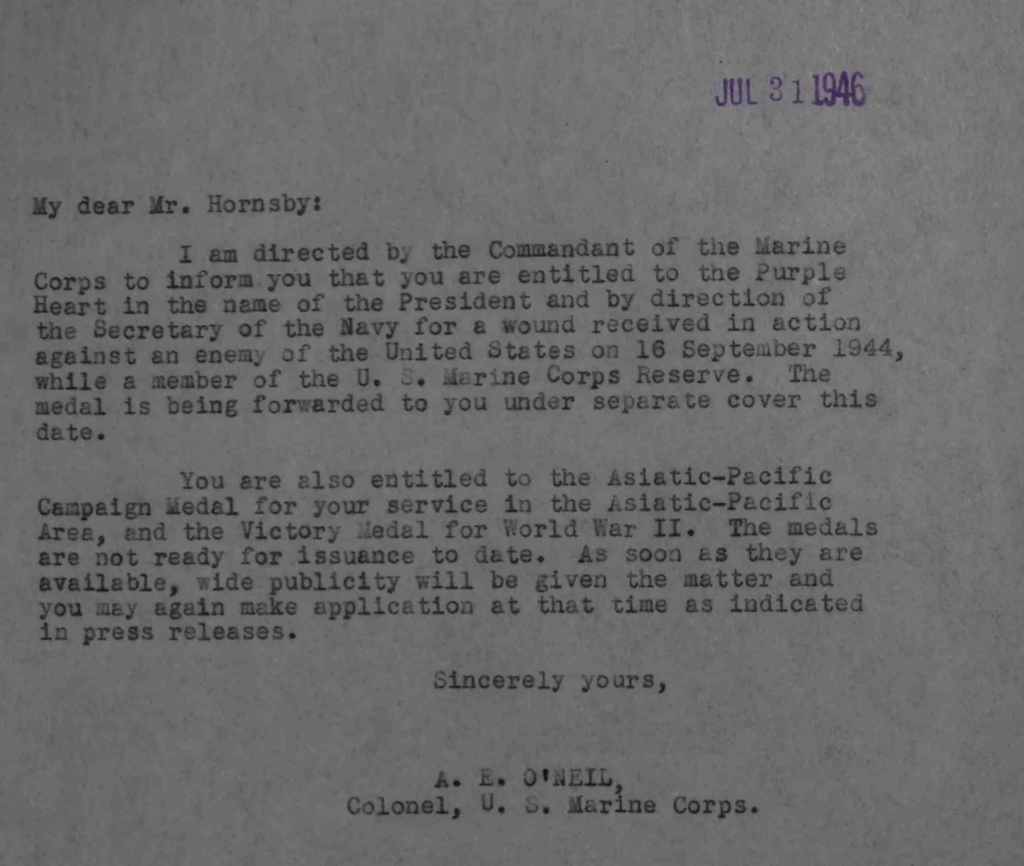 A typed-written letter to Hornsby about his Purple Heart and other medals. 