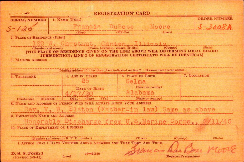 A type-written card with information about Moore. 