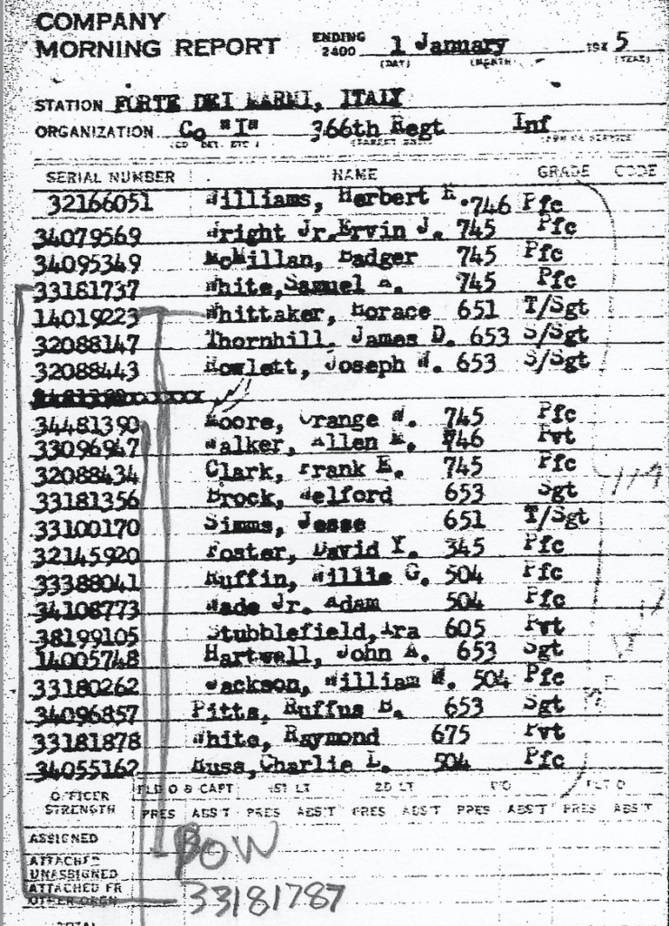 Typed report showing multiple names of soldiers reported as POWs.
