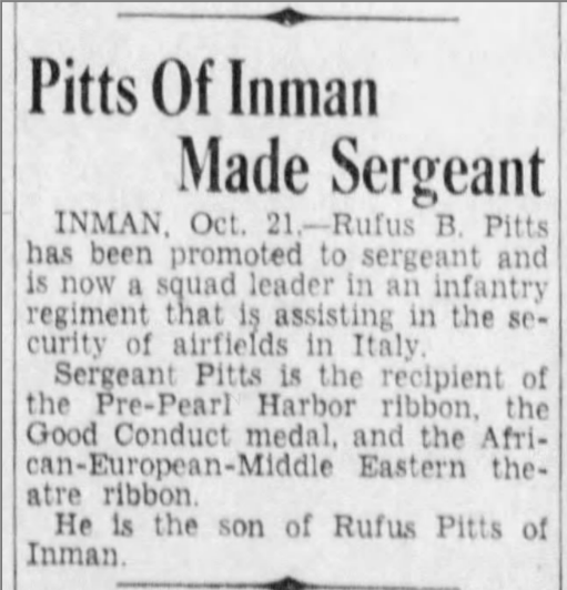 Newspaper article titled, “Pitts of Inman Made Sergeant.”