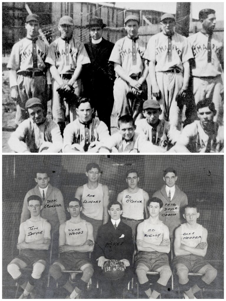 Two black and white images. The image on the top is of a baseball team of ten young white boys, and their preacher-coach. The bottom image shows six young white boys in basketball uniforms with their three coaches.