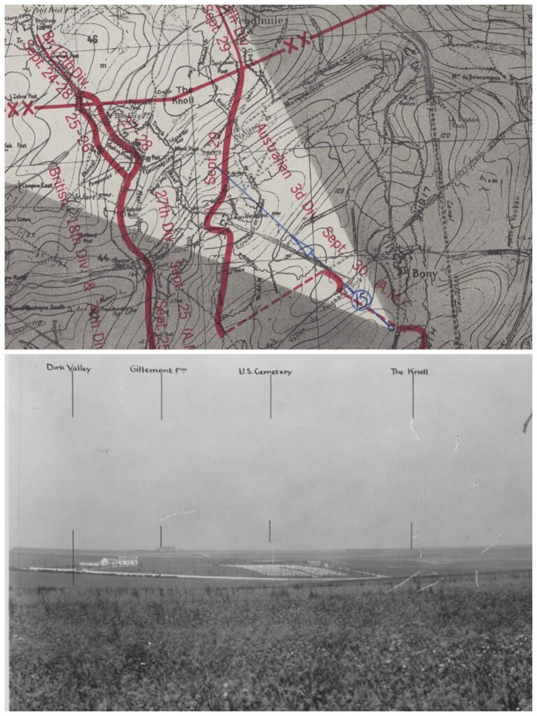 A black and white map image on the top and a black and white photograph showing battle locations below. 