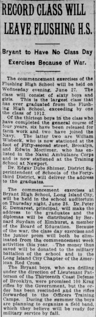 A newspaper article titled. “Record Class Will Leave Flushing H.S.”