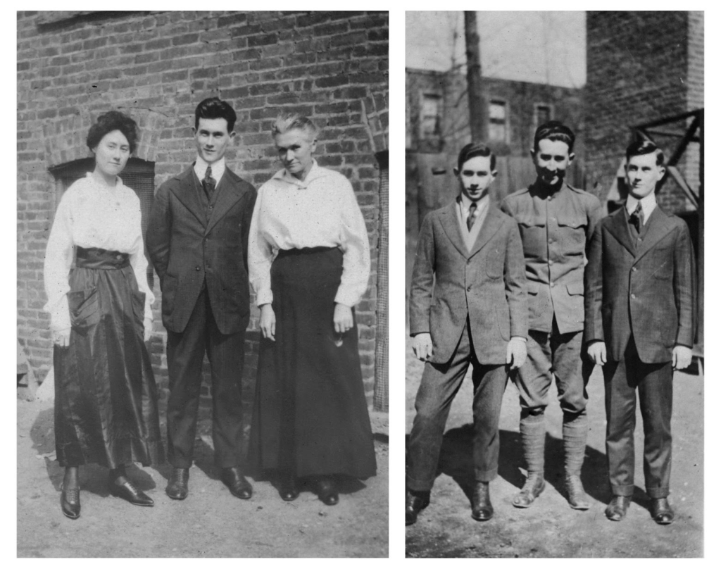 Two black and white images. On the left is a young white man in a suit with a white woman on either side. They are both in collared white shirts and long skirts. The image on the right is the same man from the first image standing with two other young white men. Two men are in suits, one is in uniform.