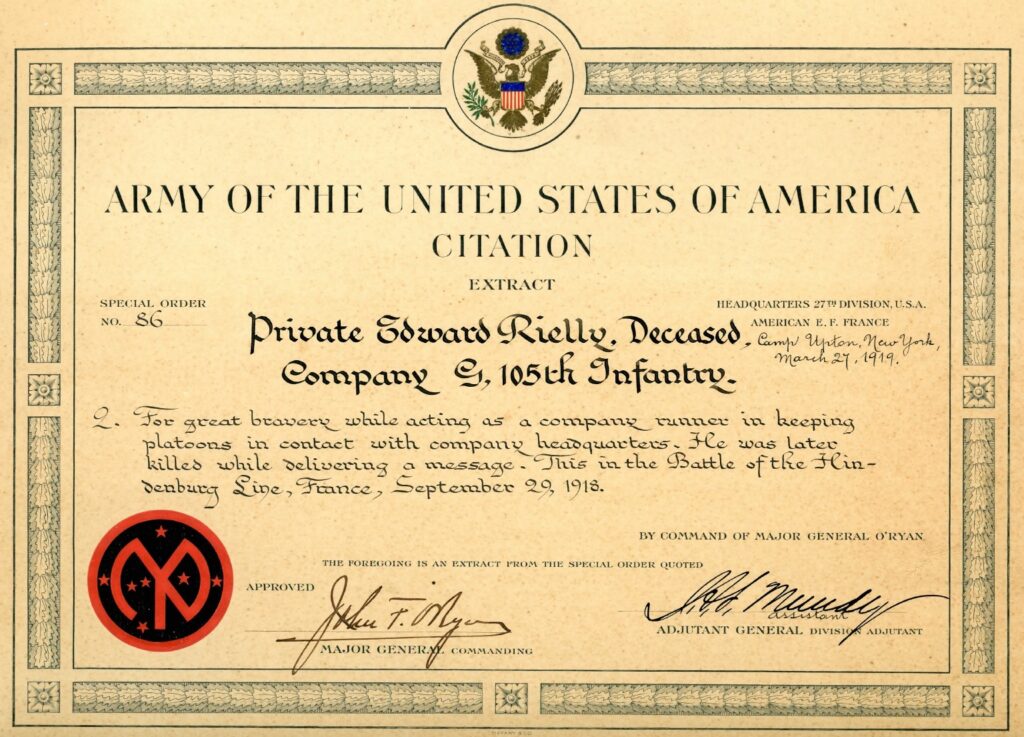 A certificate with the seal of the U.S. made out to Edward Rielly.