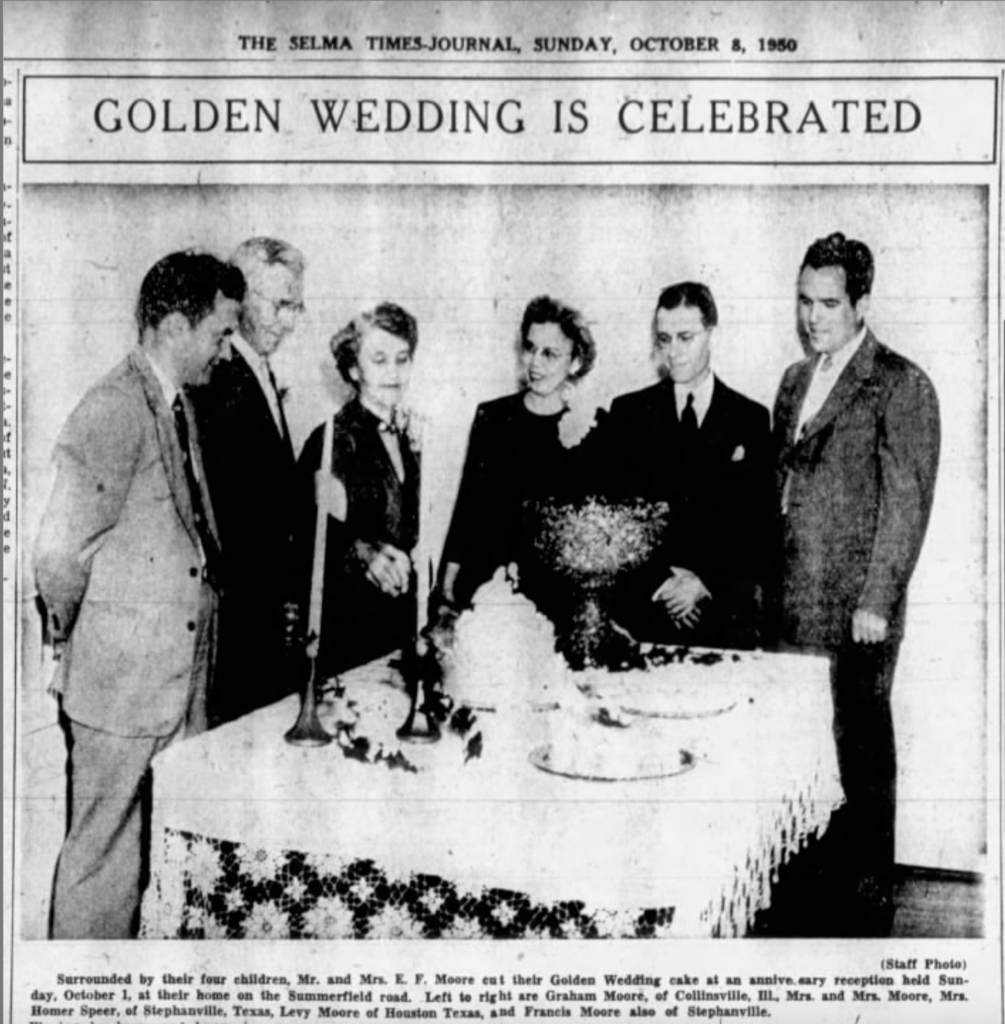 A newspaper article with the title “Golden Wedding is Celebrated” features a large image of six older white people surrounding a cake on a table. They are all dressed up.