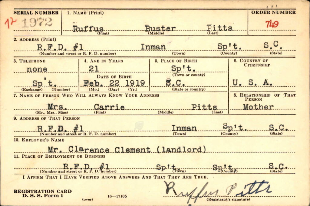 A typed card with information on Rufus Buster Pitts. 