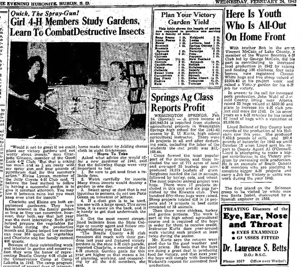 A newspaper article titled, “Quick, The Spray Gun! Girl 4-H Members Study Gardens, Learn to Combat Destructive Insects.”