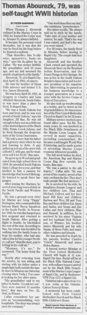 A newspaper article titled, “Thomas Abourezk, 79, was self-taught WWII historian.”