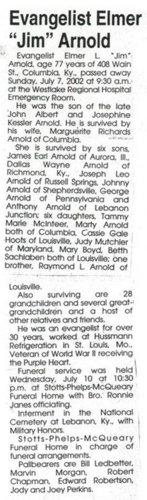 A newspaper article titled “Evagelist Elmer ‘Jim’ Arnold”