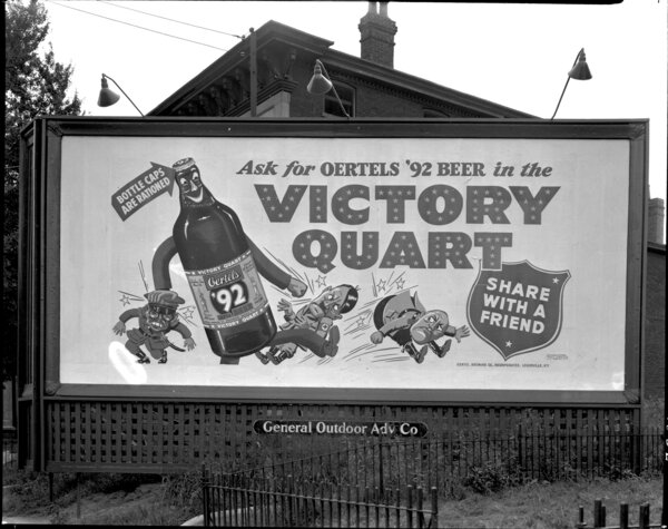 A black and white image of a billboard showing a bottle kicking cartoon images of the Axis dictators.
